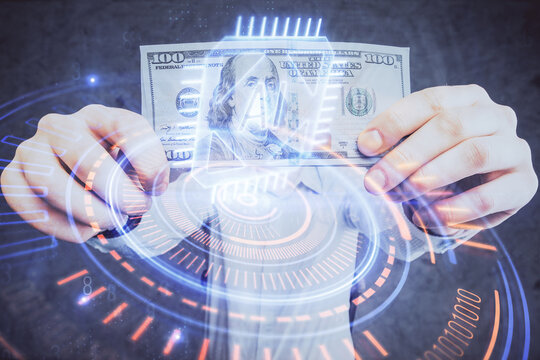 Double exposure of technology drawing hologram and us dollars bills and man hands. Data concept