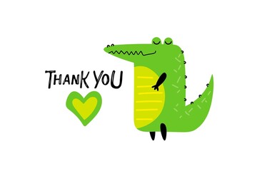 Thank You text with heart and Cartoon crocodile. Cute cartoon character for Thank you day card. Good smiling crocodile. Hand drawn lettering. Flat vector illustration on white background.
