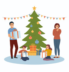 Young man giving gift box to woman and Children opening gifts near the Christmas tree.  Vector flat style illustration