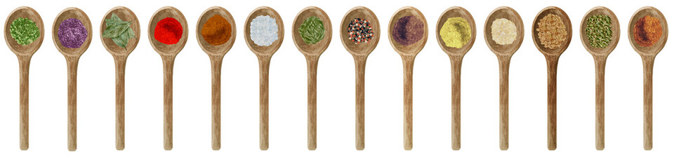 Watercolor dry kitchen spices in wooden spoon: pepper, chili, curcuma, ginger, cardamom, nutmeg