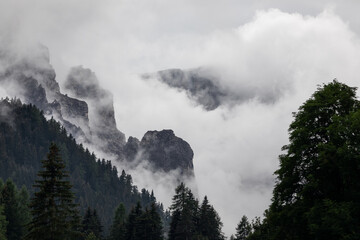 The Italian Dolomites surrounded by forests are covered with dense fog after rain