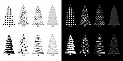 Christmas tree set. Black silhouette on white background. White silhouette on black background. Vector Illustration.