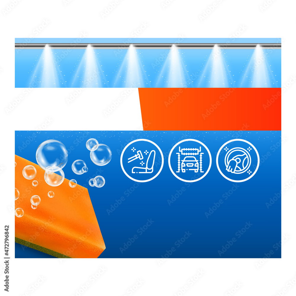 Poster automatic car wash creative promo banner vector. car wash service washing transport with foam, polis