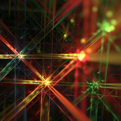 Abstract colorful fractal art background of glowing diagonal, horizontal and vertical lines and shapes, perhaps suggestive of shiny stars or Christmas decorations.