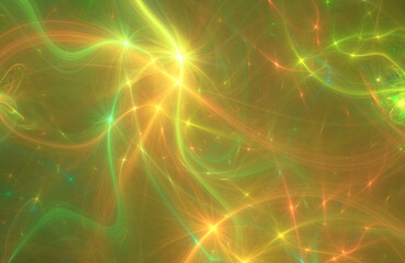 Abstract yellow fractal art background of glowing wavy lines.