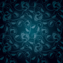 Ornamental lace blue background, flowers pattern