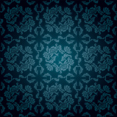 Ornamental lace blue background, flowers pattern