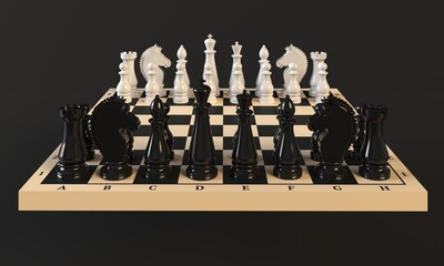 Chess Pieces on a Chess Board on a dark background. 3d rendering