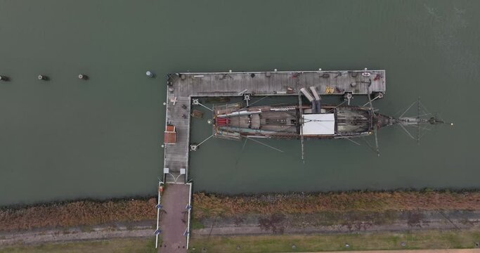 Batavia historical vessel ship in the water in Lelystad, The Netherlands. Aerial drone view