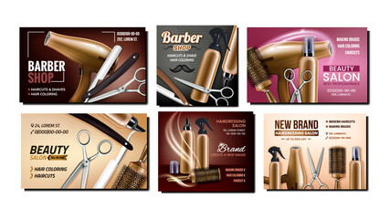 Haidresser Service Promotion Posters Set Vector. Razor And Hair Dryer, Comb And Scissors Barber Shop Hairdresser Equipment Advertising Banners. Style Concept Template Illustrations