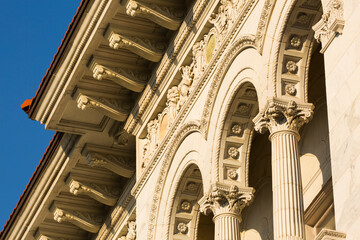 USA, Georgia, Savannah. Architectural detail on old Federal Courthouse building in historic...