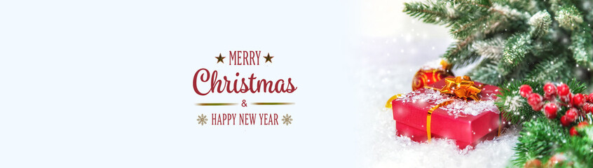 Christmas cards with snow and decor. Selective focus.