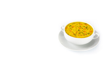 Chicken noodle soup in white bowl isolated on white background