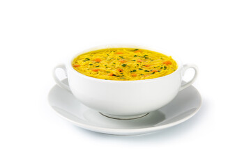 Chicken noodle soup in white bowl isolated on white background