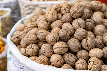 Walnuts in a bag on the market