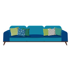 long blue soft sofa with multi-colored pillows with patterns