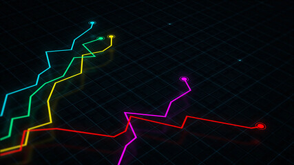 3D rendering of a tech-style digital income line graph against a high-tech grid background. Concept for presentations, advertising and showing profitability and statistics
