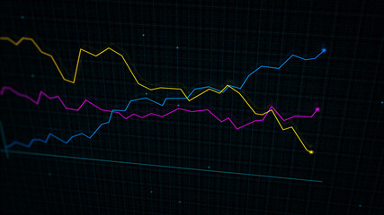 3D rendering of a tech-style digital income line graph against a high-tech grid background. Concept for presentations, advertising and showing profitability and statistics
