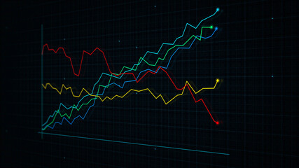 3D rendering of a tech-style digital income line graph against a high-tech grid background. Concept for presentations, advertising and showing profitability and statistics
