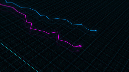 3D rendering of a tech-style digital income line graph against a high-tech grid background. Concept for presentations, advertising and showing profitability and statistics
