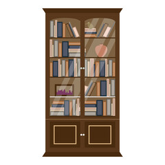 wooden bookcase with lots of books and knickknacks