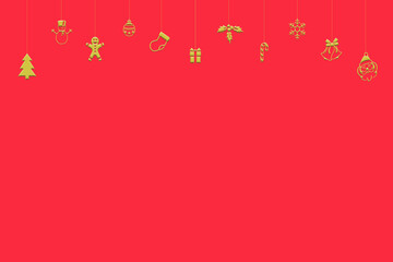 Fototapeta na wymiar gold three dimensional hanging christmas ornaments on a red background with text area