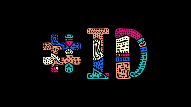 Hashtag #ID. Animated Cartoon text, Shake twitch effect. Transparent Alpha channel. Colored funny doodle unique style. ID is abbreviation for the US American state Idaho.
