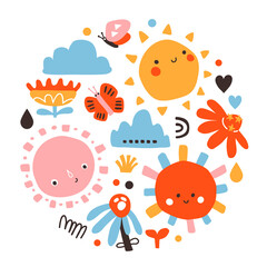 Vector illustration of scandinavian print with cute doodle suns for kids fabrics, t-short print ,greeting card,sticker