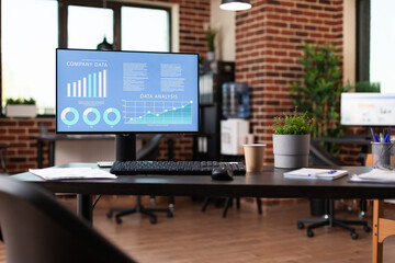 Close up of computer with company data analysis on desk in empty office. Monitor with business...