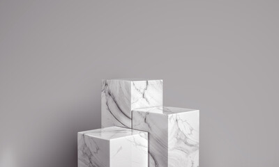 Showcase made of white marble stone. Platforms mock up for advertising a products. Podium stage made of marble on grey background. 3D rendering