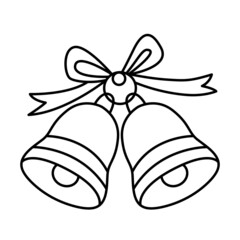 Jingle Bells Ribbon Bow Christms Decoration Vector. Black and white. White Background. Line drawing.