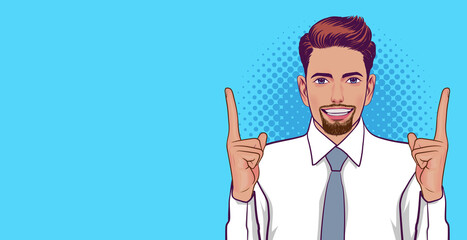 surprised young business man hands pointing up