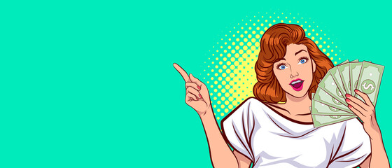 smile Woman Pointing Finger and hold money Retro style