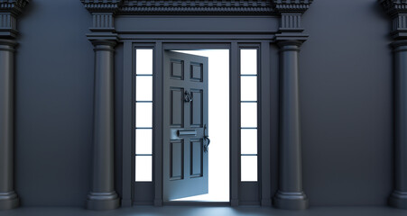 Obraz premium black room with a half open door and a glimmer of light coming in, 3d render