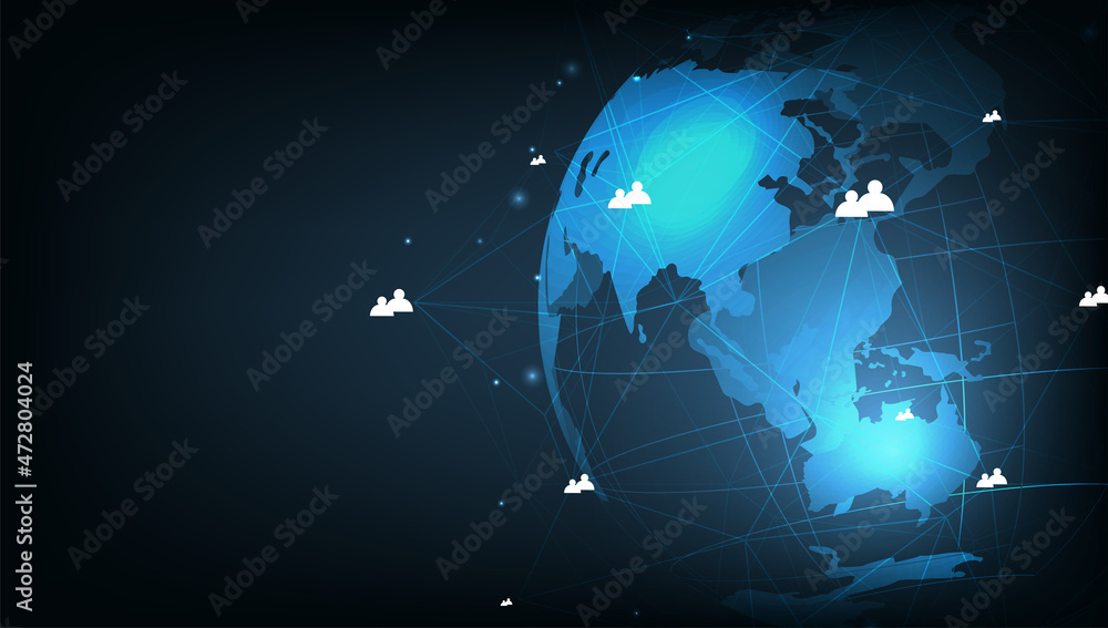 Poster Global social network.Social network communication in the global computer networks on Blue futuristic background. Vector illustration.