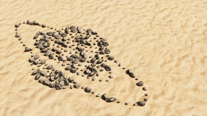 Concept conceptual stones on beach sand handmade symbol shape, golden sandy background, internet icon. 3d illustration metaphor for communication, technology, network, connection, travel and business © high_resolution