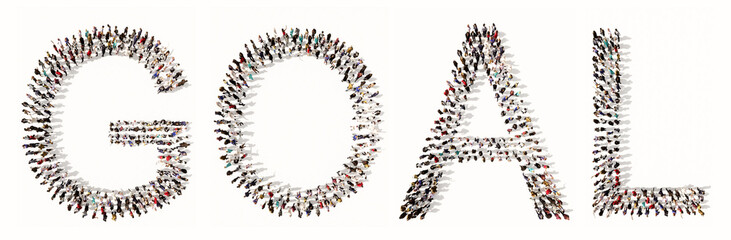 Concept conceptual large community of people forming  GOAL word. 3d illustration metaphor for ambition, motivation and aspiration, leadership and vision, success, business, inspiration and achievement