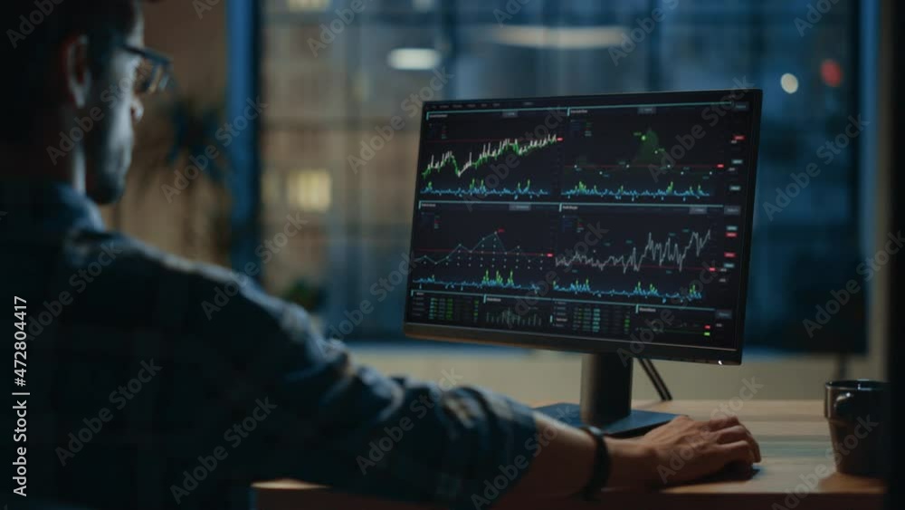 Poster Home Office: Financial Analyst Using Computer with Display Showing Real-Time Stocks, Commodities, Exchange Market Charts. Remote Working Hispanic Trader making e-Commerce Investment. Over the Shoulder