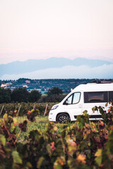 Campervan and vineyard in autumn colors