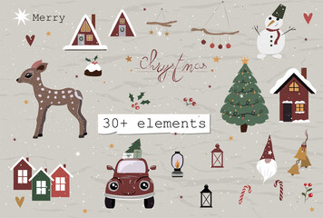 Vintage Christmas poster from New Collection. More than 30 Cozy Christmas Elements Scandinavian Style.