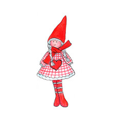 illustration of christmas toy girl in red dress with cap