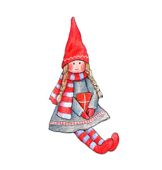 illustration of christmas toy girl in red dress with cap