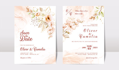 Fototapeta na wymiar Gold wedding invitation card template set with floral and watercolor background