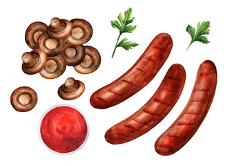 Fried sausages with sauce and mushrooms on a white background. Watercolor