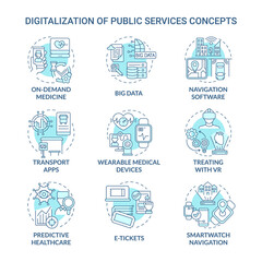 Digitalization of public services blue concept icons set. Digital modernization providing for different life spheres idea thin line color illustrations. Vector isolated outline drawings