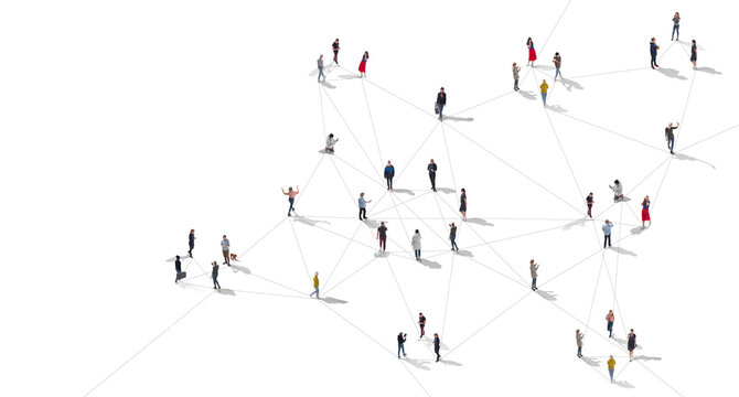 Aerial view of crowd people connected by lines, social media and communication concept
