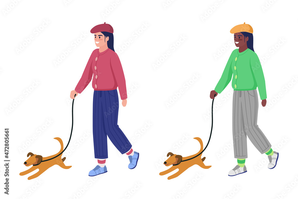 Wall mural Woman walking with dog semi flat color vector character set. Posing figures. Full body people on white. Winter isolated modern cartoon style illustration for graphic design and animation bundle