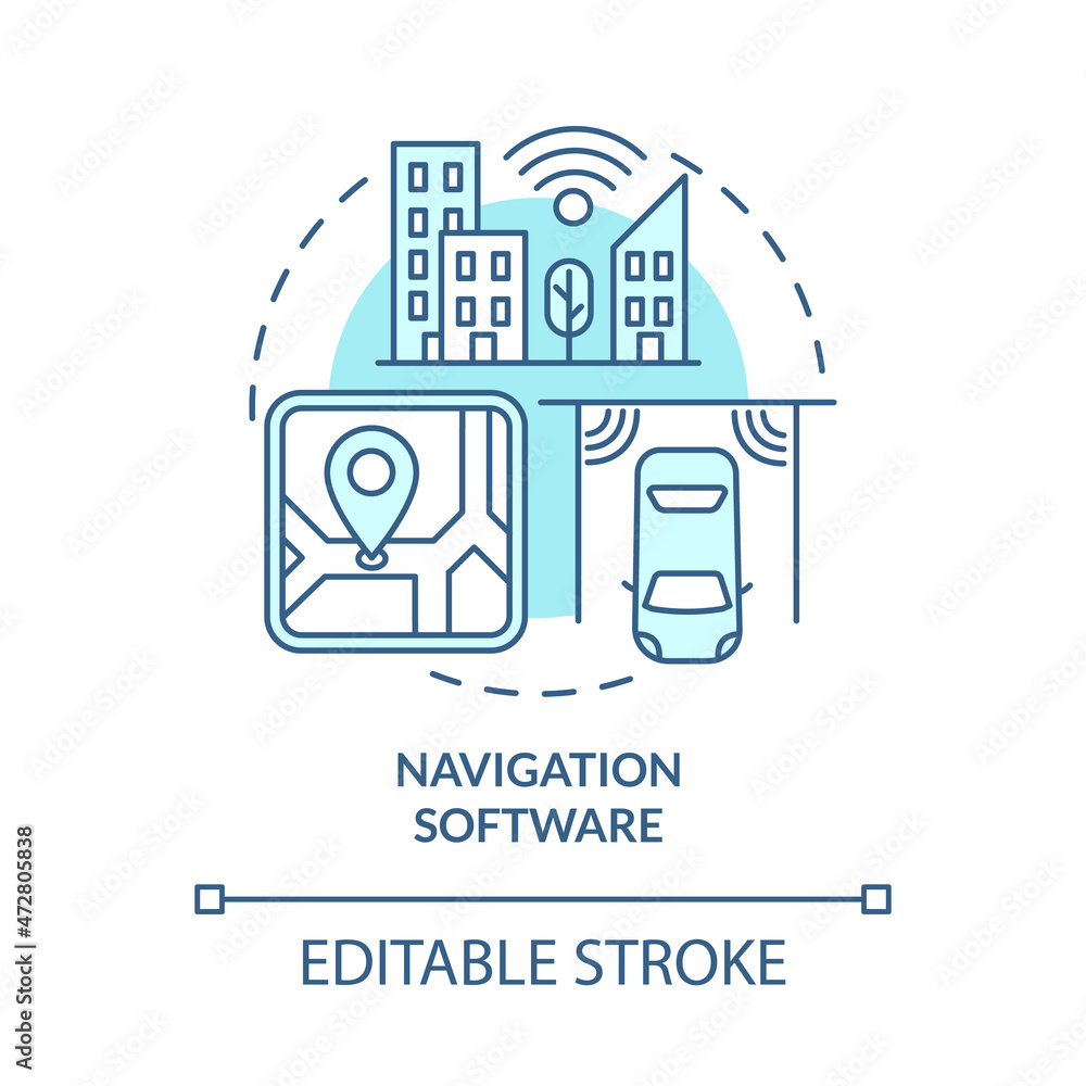 Poster navigation software blue concept icon. public transportation. digitalization of transport system abs