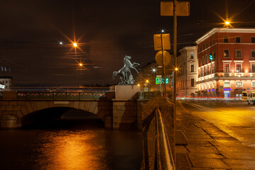 Sculpture of a horse on the famous Anichkov Bridge in St. Petersburg