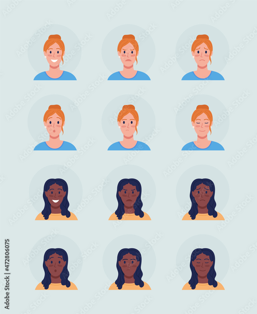 Poster different female face expressions semi flat color vector character avatar set. portrait from front v